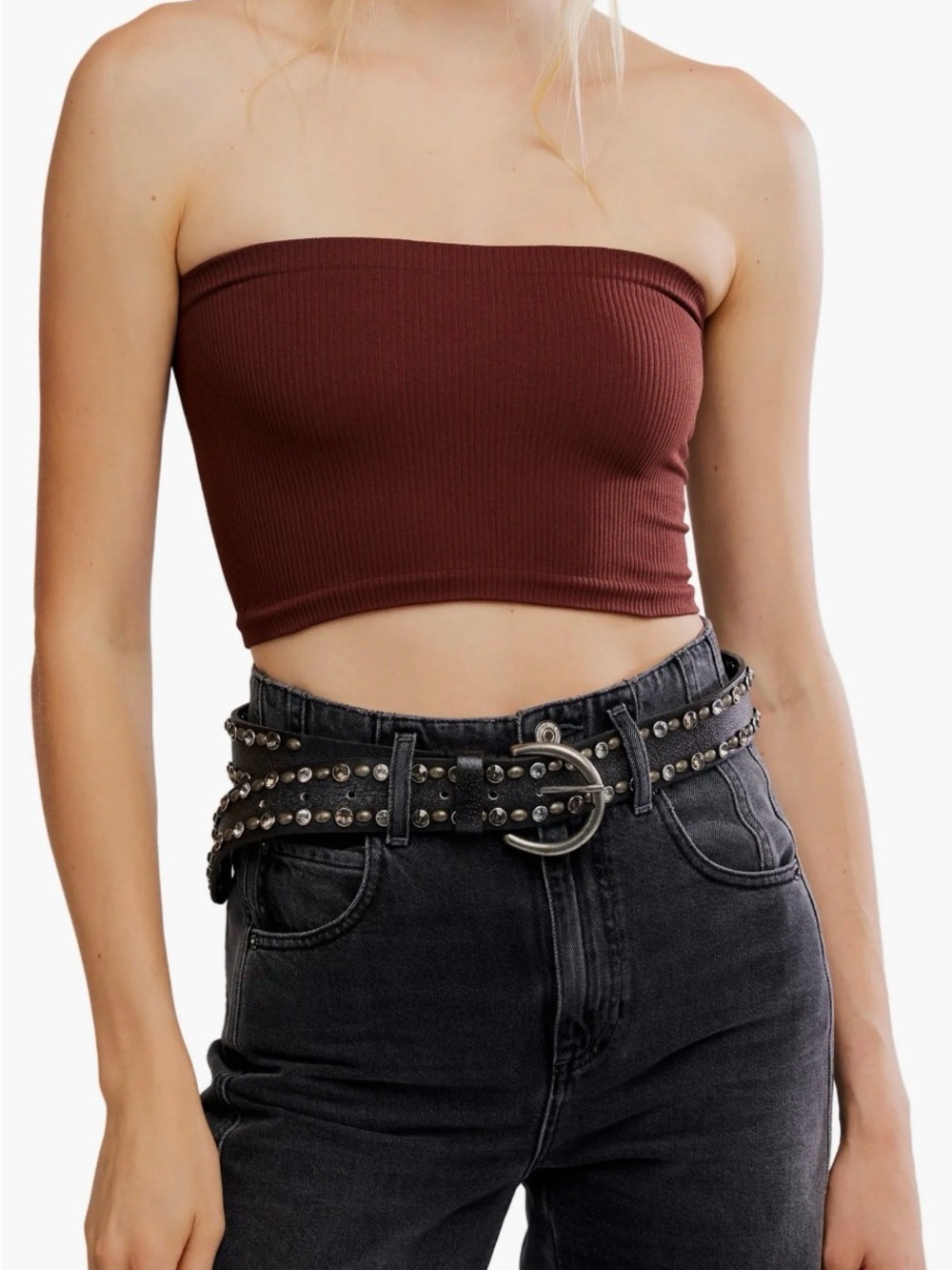 Free People Ribbed Strapless Crop Top in Deep Brown